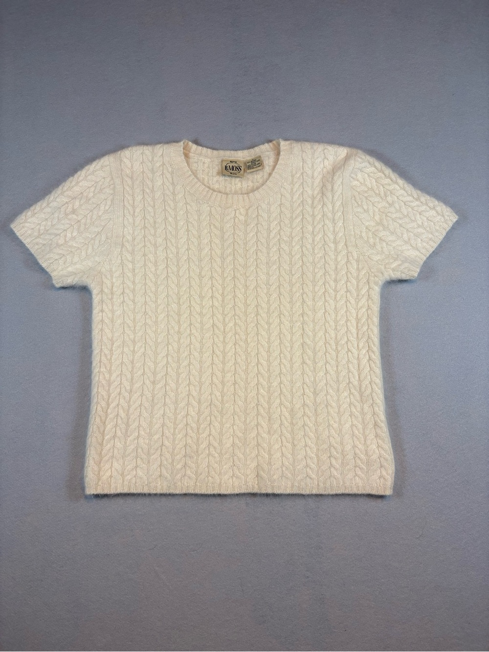B. Moss Vintage Cream 70% Angora Cable-Knit Short Sleeve Crewneck Sweater